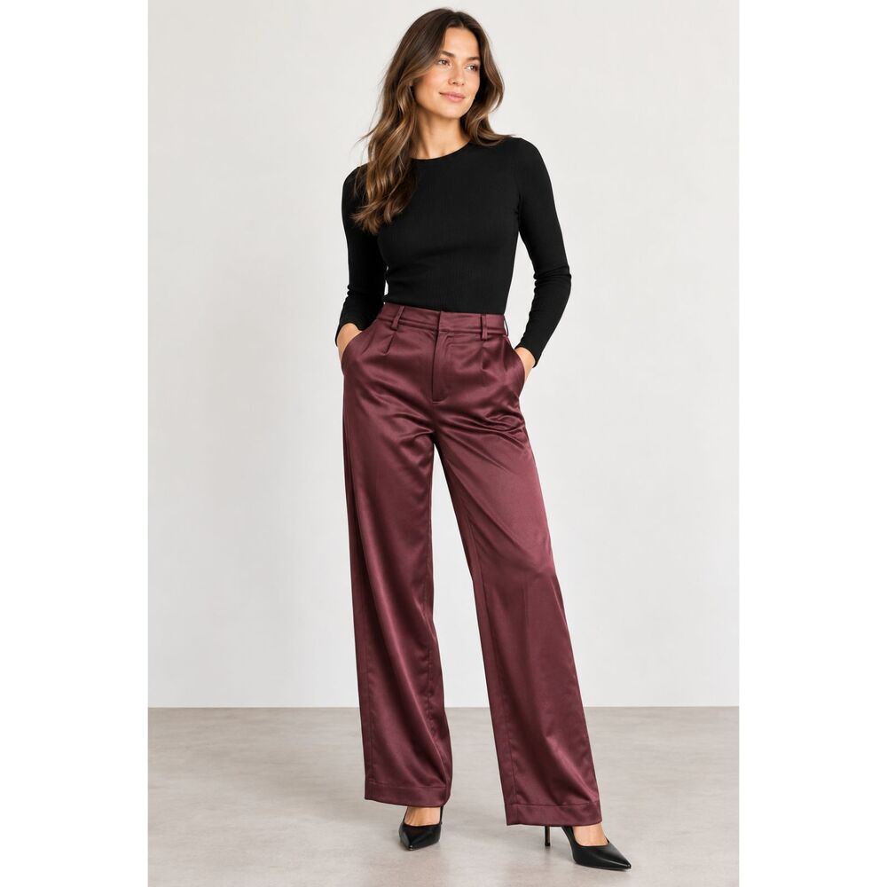 Good American Burgundy Satin Silky Wide Leg Pants Size 2